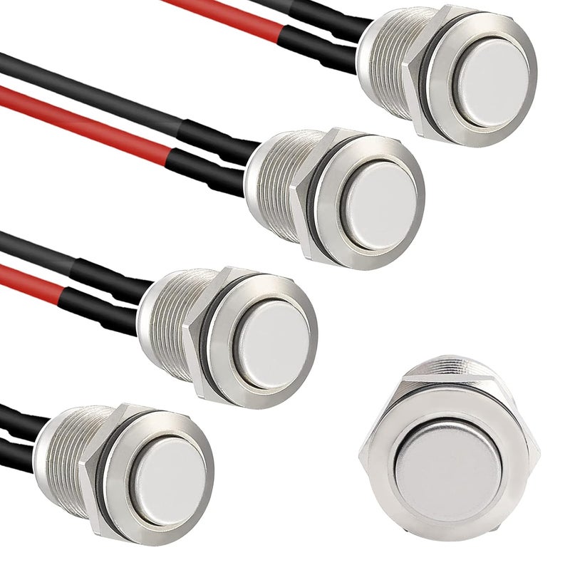 STARELO 5pcs 12mm Momentary Push Button Switch Silver Shell with pre-Wiring, IP65 Waterproof Push Button Switch,Stainless Steel 1 Normally Open Without LED. - Image 1